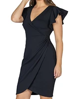 24seven Comfort Apparel Women's V-neck Ruffle Sleeve Knee Length Dress