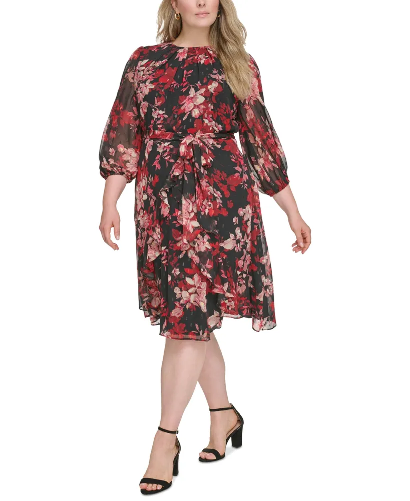 Jessica Howard Plus Size Clip-Dot Chiffon Belted Midi Dress