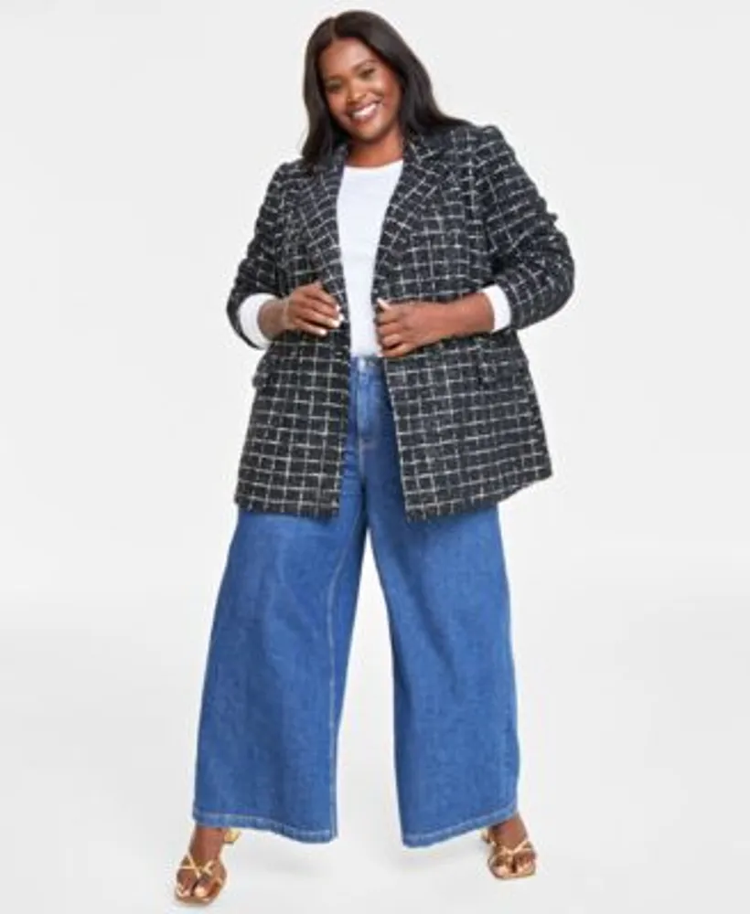 On 34th Plus Size Metallic Plaid Tweed Blazer Ribbed T Shirt Wide Leg Jeans Created For Macys