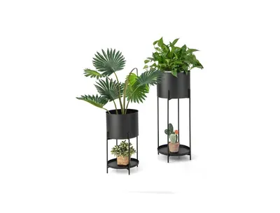 2 Metal Planter Pot Stands with Drainage Holes-Black