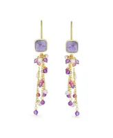 Bling Jewelry Boho Mixed Cluster Bead Accent Linear Fish Hook Thin Long Pink Tourmaline Purple Natural Amethyst Waterfall Tassel Dangle Earrings Gold