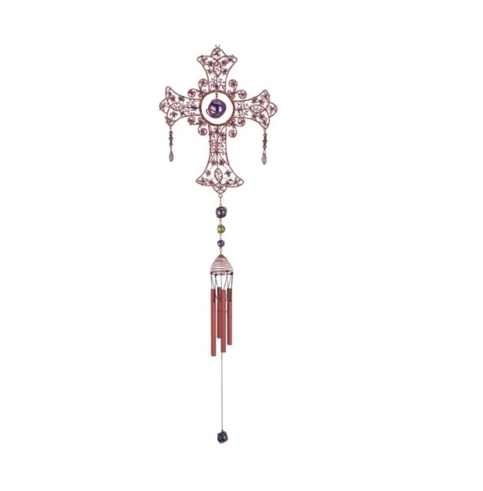 33" Long Blue Cross Wind Chime with Copper Gem