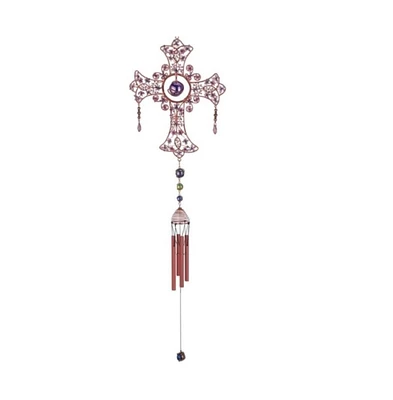 33" Long Blue Cross Wind Chime with Copper Gem
