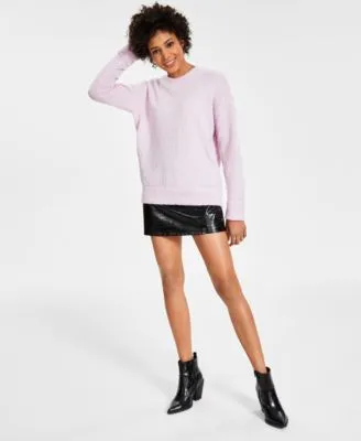 Bar Iii Womens Fuzzy Knit Crewneck Sweater Croc Embossed Faux Leather Mini Skirt Created For Macys