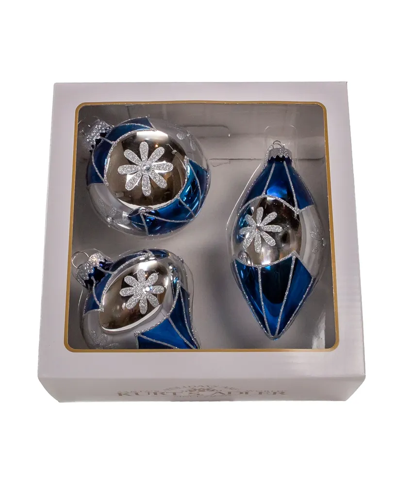 Kurt Adler 80mm Glass Snowflake Ball, Onion and Teardrop Shaped Ornaments, 3 Piece Set