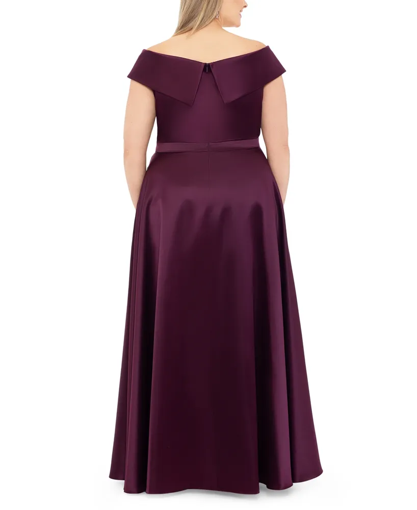 Xscape Plus Size Satin Off-The-Shoulder Front-Slit Gown