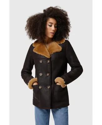 Furniq Uk Women's Shearling Peacoat, Washed Brown with Ginger Wool