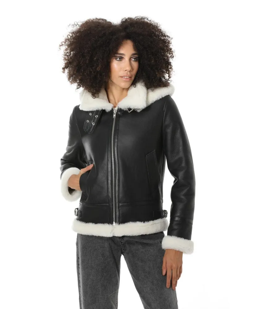 Furniq Uk Women's Detachable Hooded Shearling Jacket