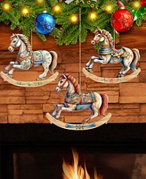 Designocracy Rocking Horses Christmas Wooden Ornaments Holiday Decor Set of 3 G. DeBrekht