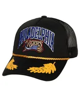 Men's Mitchell & Ness Black Philadelphia 76ers Hardwood Classics Gold Leaf Mesh Trucker Snapback Hat