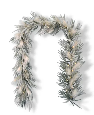 Seasonal Pine and Pampas 9' Pre-Lit Flocked Pe Garland with 660 Tips, 21 Pieces Pampas, 50 Led Lights with Battery Operated