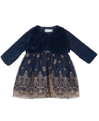 Rare Editions Baby Girls Glitter Dress and Faux Fur Jacket, 2 Piece Set