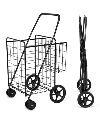 Folding Shopping Cart for Laundry with Swiveling Wheels and Dual Storage Baskets