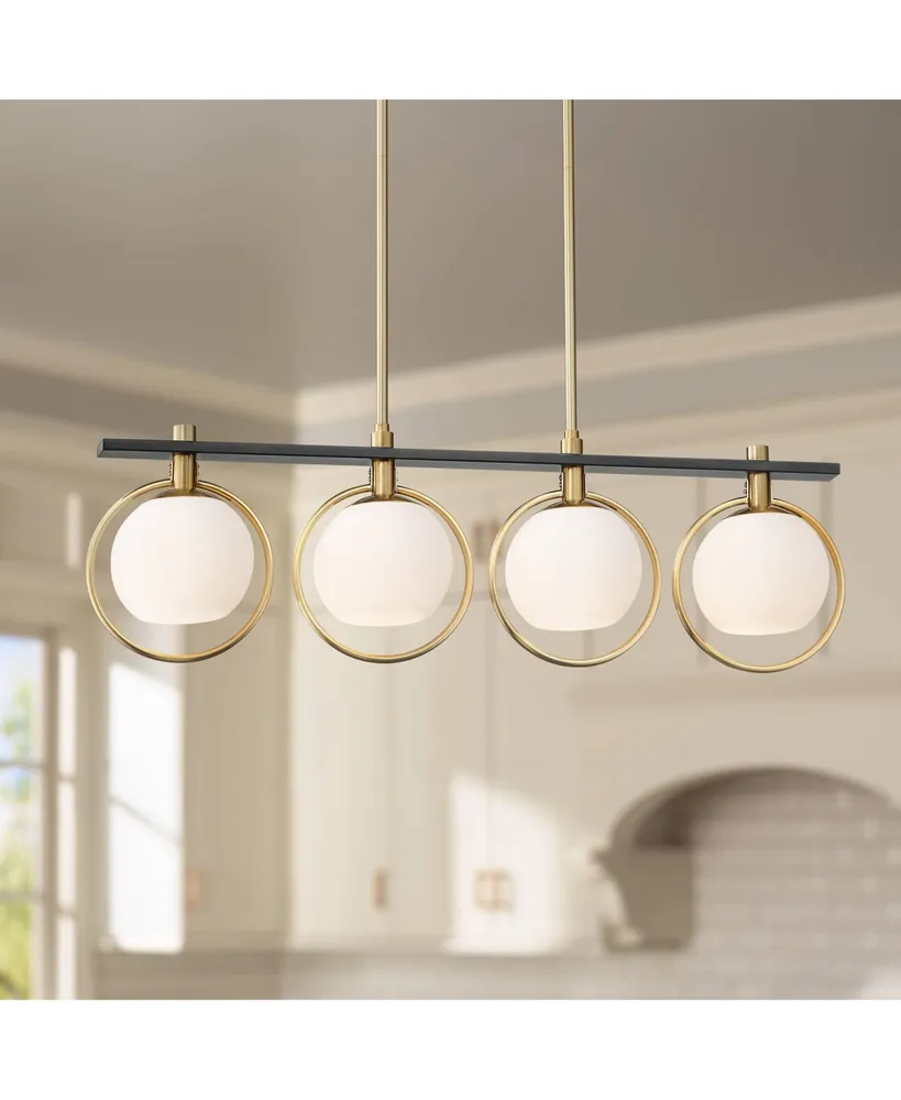 Possini Euro Design Carlyn Antique Brass Gold Black Metal Linear Island Pendant 33" Wide Mid Century Modern White Glass Globe Shades Led 4-Light Fixtu