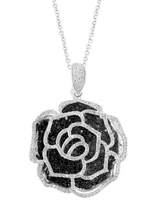 Effy Black Diamond (1-3/8 ct. t.w.) & White Diamond (5/8 ct. t.w.) Rose Pendant Necklace in 14k White Gold, 16-3/4" + 1-1/4" extender