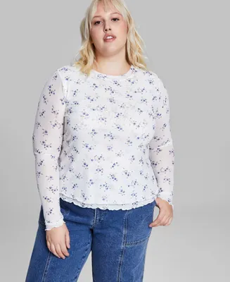 And Now This Trendy Plus Size Floral-Print Mesh Long-Sleeve Top