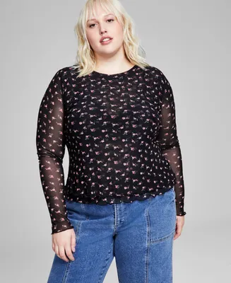 And Now This Trendy Plus Floral-Print Mesh Long-Sleeve Top