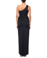 Xscape Petite One-Shoulder Side-Drape High-Slit Gown