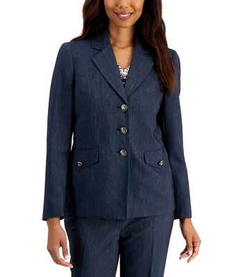 Kasper Petite Denim Notched Collar Three-Button Blazer