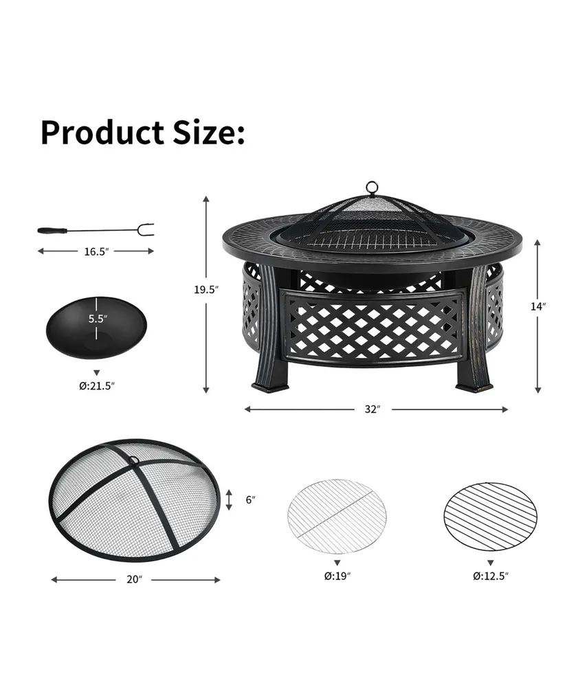 32'' Round Fire Pit Set W/ Rain Cover Bbq Grill Log Grate Poker
