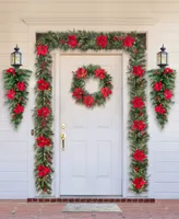 Glitzhome 9' Pre-Lit Greenery Pine Poinsettia and Red Berries Christmas Garl and, with 70 Warm White Lights and Timer