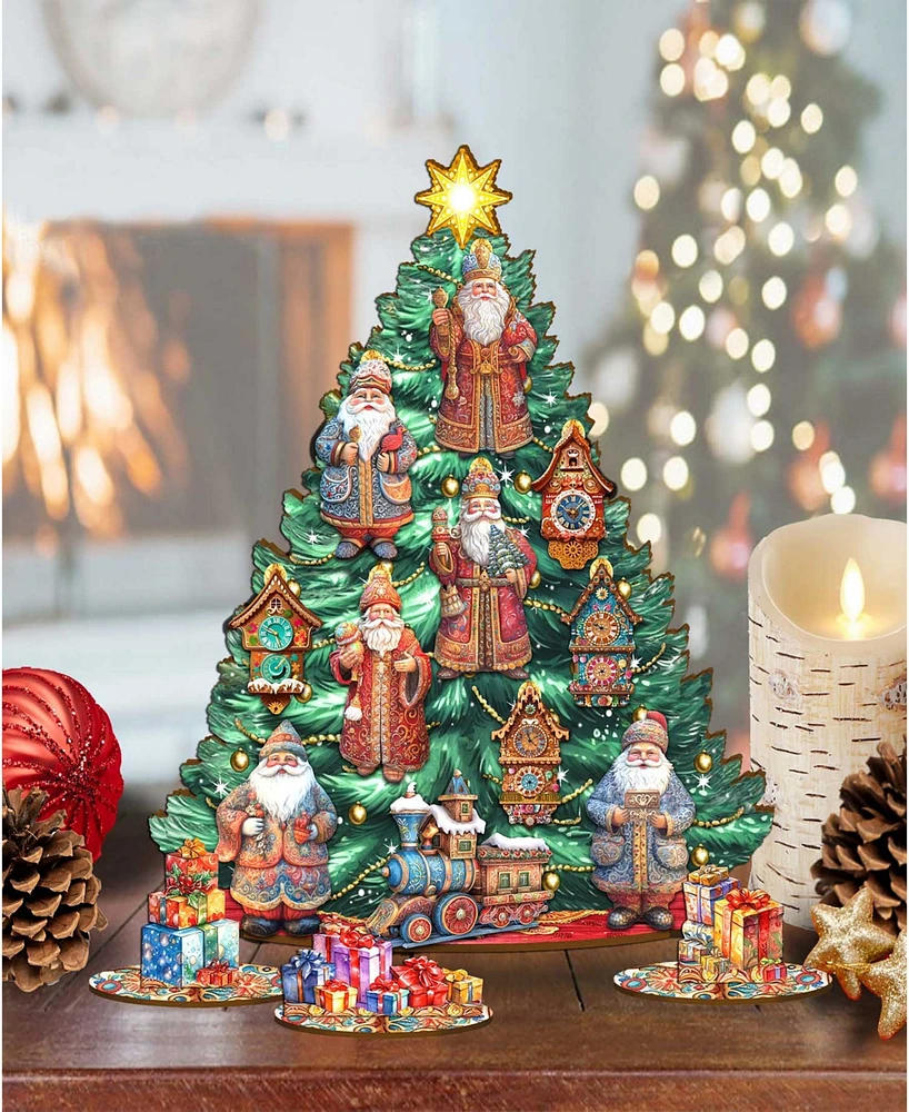 Designocracy Santa Christmas Arrival Themed Wooden Christmas Tree with Ornaments Set of 13 G. DeBrekht