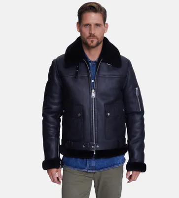 Men's Shearling Belted Pilot Jacket, Silky Black with Wool