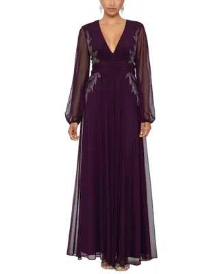 Betsy & Adam Petite V-Neck Side-Beaded Long-Sleeve Gown