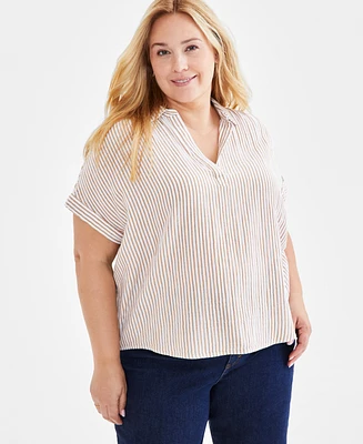 Style & Co Plus Size Striped Gauze Camp Shirt, Created for Macy's