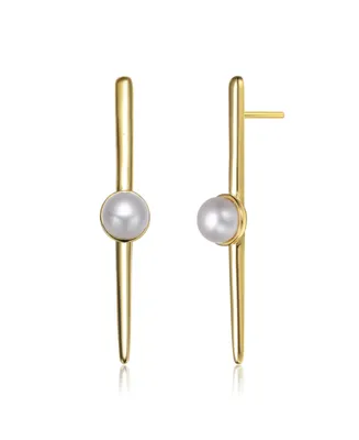 Genevive Sterling Silver 14K Gold Plated with Genuine Freshwater Pearl and Bar Drop Earrings