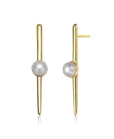 Genevive Sterling Silver 14K Gold Plated with Genuine Freshwater Pearl and Bar Drop Earrings