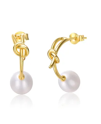 Genevive Sterling Silver 14k Yellow Gold Plated with White Freshwater Pearl Love Knot Half-Hoop Earrings
