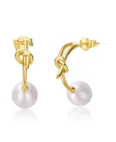 Genevive Sterling Silver 14k Yellow Gold Plated with White Freshwater Pearl Love Knot Half-Hoop Earrings