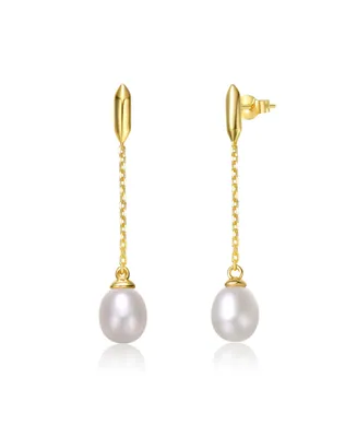 Genevive Sterling Silver 14k Yellow Gold Plated with White Freshwater Pearl Linear Dangle Drop Cable Chain Earrings