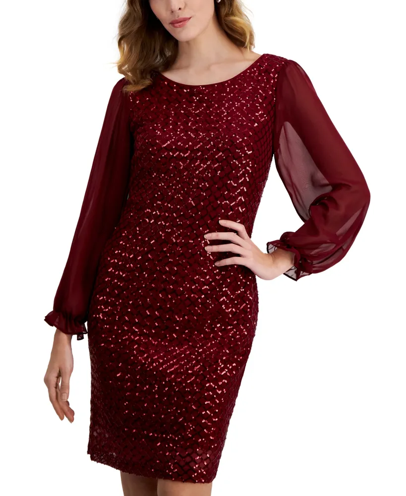 Connected Petite Sequined Long-Sleeve Sheath Dress