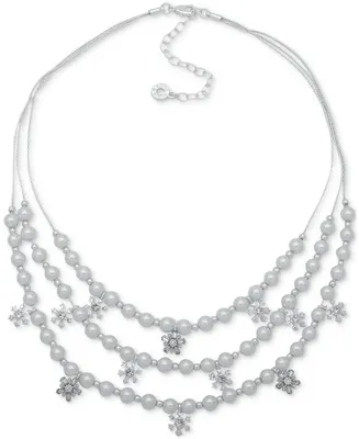 Anne Klein Silver-Tone Crystal Snowflake & Imitation Pearl Layered Collar Necklace, 16" + 3" extender