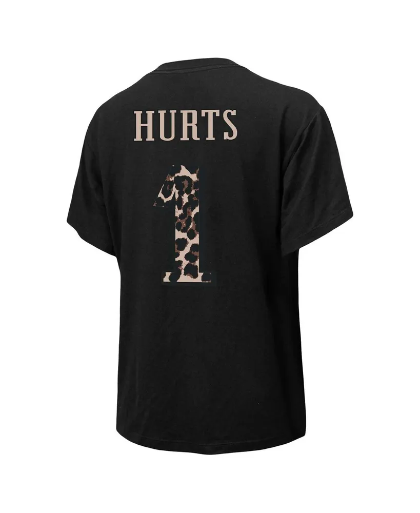 Women's Majestic Threads Jalen Hurts Black Philadelphia Eagles Leopard Player Name and Number Tri-Blend T-shirt