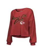 Women's Majestic Threads Patrick Mahomes Red Kansas City Chiefs Name and Number Off-Shoulder Script Cropped Long Sleeve V-Neck T-shirt