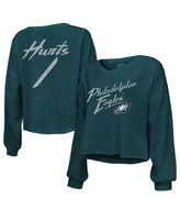 Women's Majestic Threads Jalen Hurts Midnight Green Philadelphia Eagles Name and Number Off-Shoulder Script Cropped Long Sleeve V-Neck T-shirt