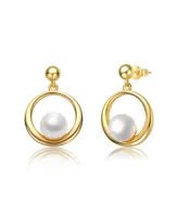 Genevive Sterling Silver 14k Yellow Gold Plated with White Freshwater Pearl Eternity Circle Halo Dangle Earrings