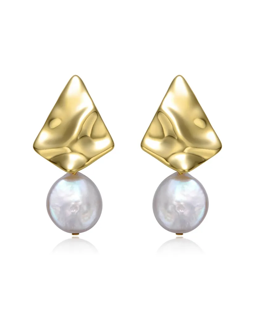 Genevive Sterling Silver 14k Yellow Gold Plated with White Coin Freshwater Pearl Drop Geometric Rippled 3D Double Dangle Earrings