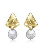 Genevive Sterling Silver 14k Yellow Gold Plated with White Coin Freshwater Pearl Drop Geometric Rippled 3D Double Dangle Earrings