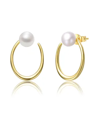 Genevive Sterling Silver 14k Yellow Gold Plated with White Freshwater Pearl Oblong Oval Halo Hoop Dangle Earrings