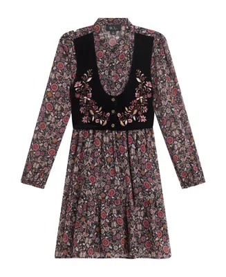 Beautees Big Girls Long Sleeves Print Chiffon Dress with Embroidered Velvet Faux Vest