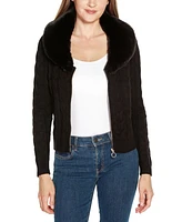 Belldini Women's Black Label Faux Fur Collared Cable Cardigan Sweater