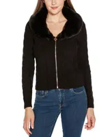 Belldini Women's Black Label Faux Fur Collared Cable Cardigan Sweater