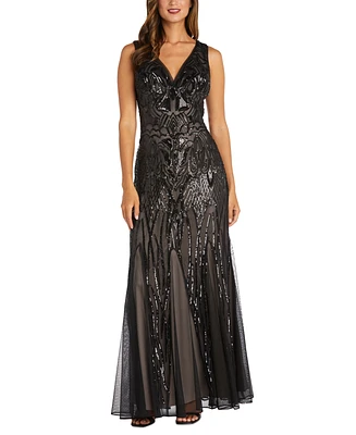 R & M Richards Women's Sequined V-Neck Godet Gown