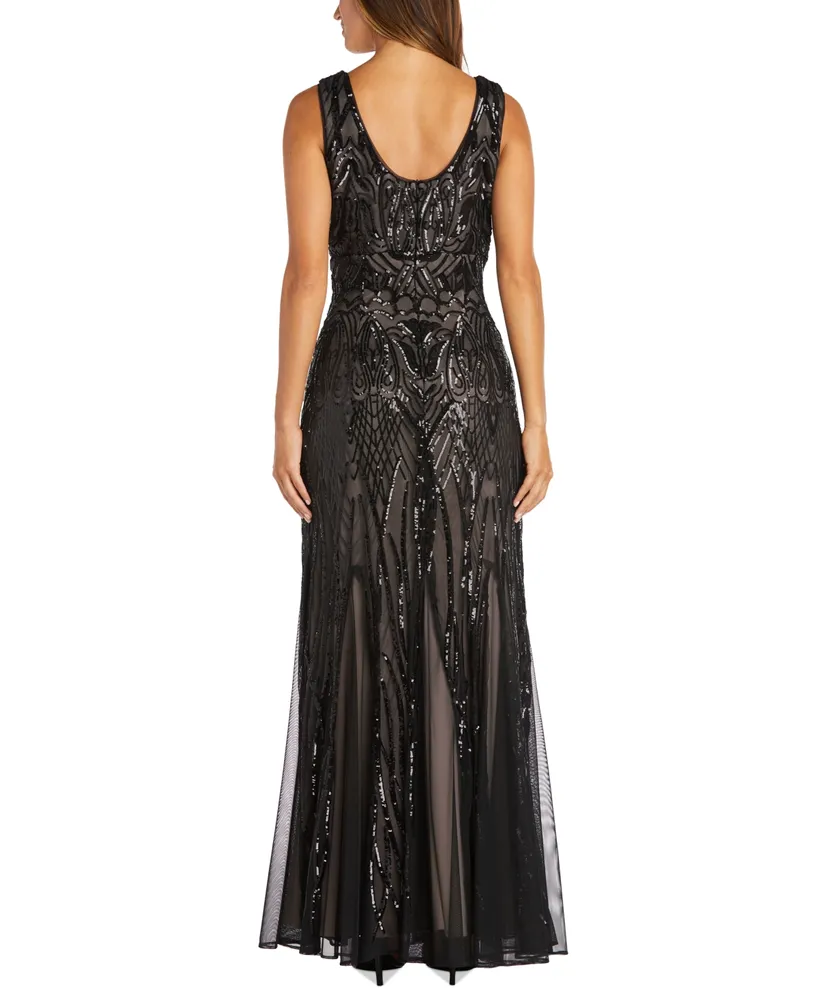 R & M Richards Women's Sequined V-Neck Godet Gown