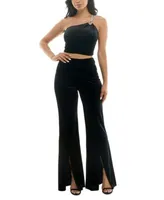 Alex Sophia Juniors Rhinestone Strap Sleeveless Velvet Top Velvet Pull On Front Slit Pants