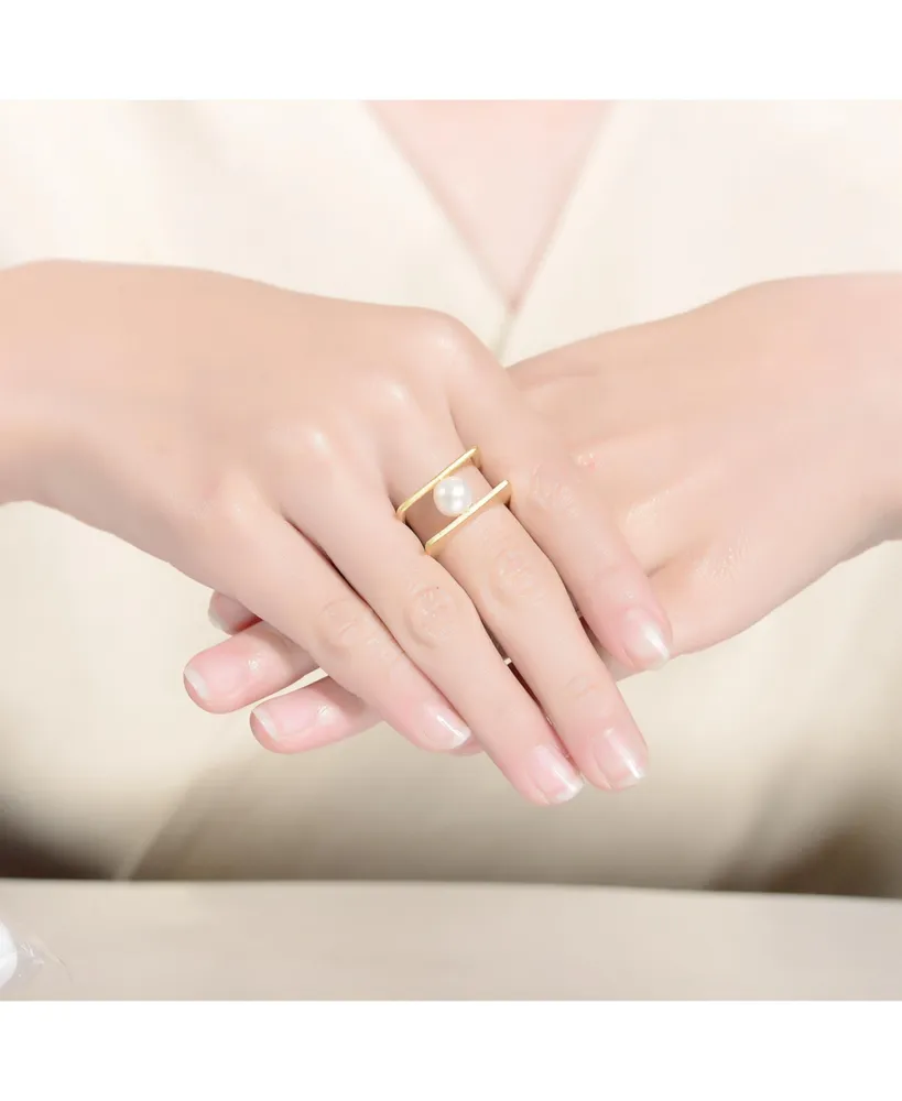 Genevive 14k Gold Plated with White Genuine Freshwater Pearl Double Band Geometric Square Stacked Ring.